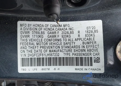 2020 Honda Civic Lx z USA, uszkodzony, nr VIN 2HGFC2F61LH567232